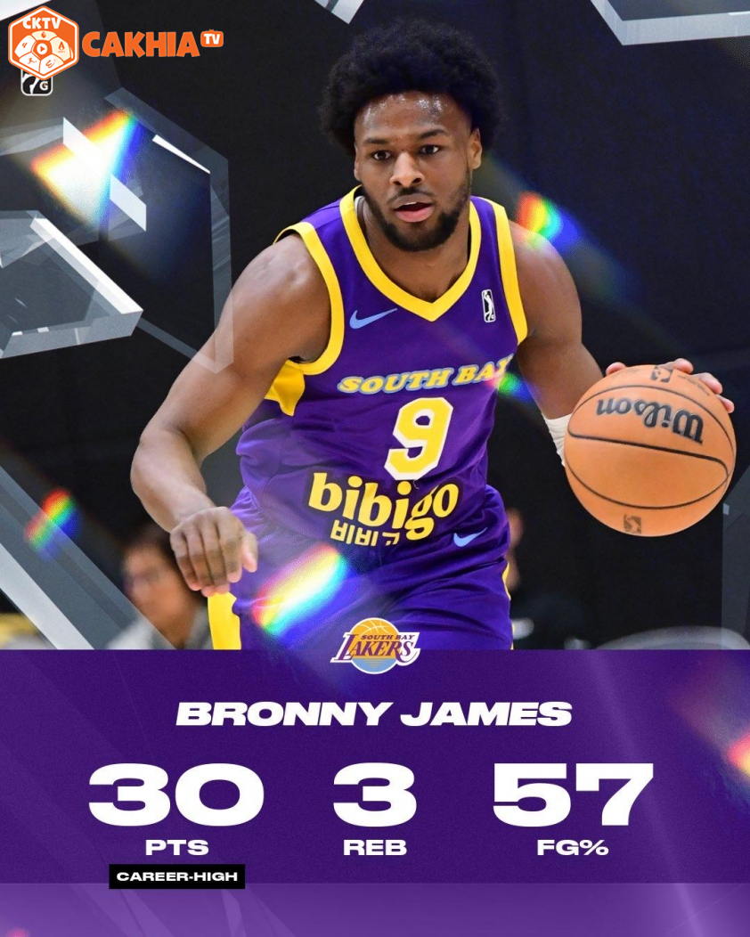 Bronny James tỏa sáng ở G.League trong màu áo South Bay Lakers (Ảnh: X @nbagleague)